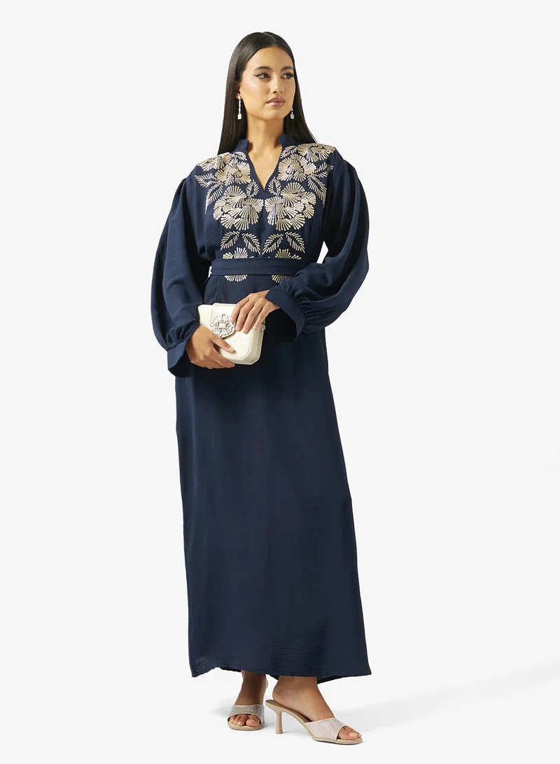 hayas closet  Collar Type Floral Embroidery Work At Front Section And Belt Jalabiya for Women | Best Price UAE